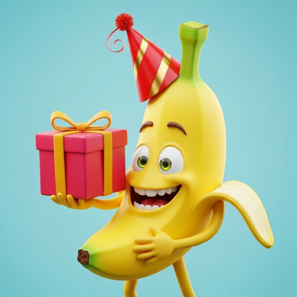 Birthday Shortcut mascot - smiling banana with present
